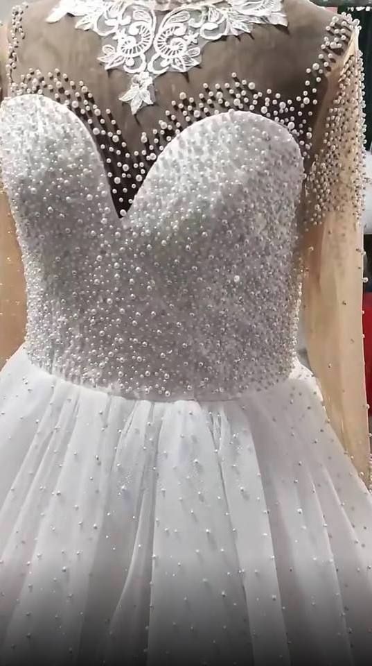 2022 Luxury Heavy Pearls Beaded Wedding Dresses Long Sleeves high neck Bling bling Ball Gown Plus Size African Wedding Dress