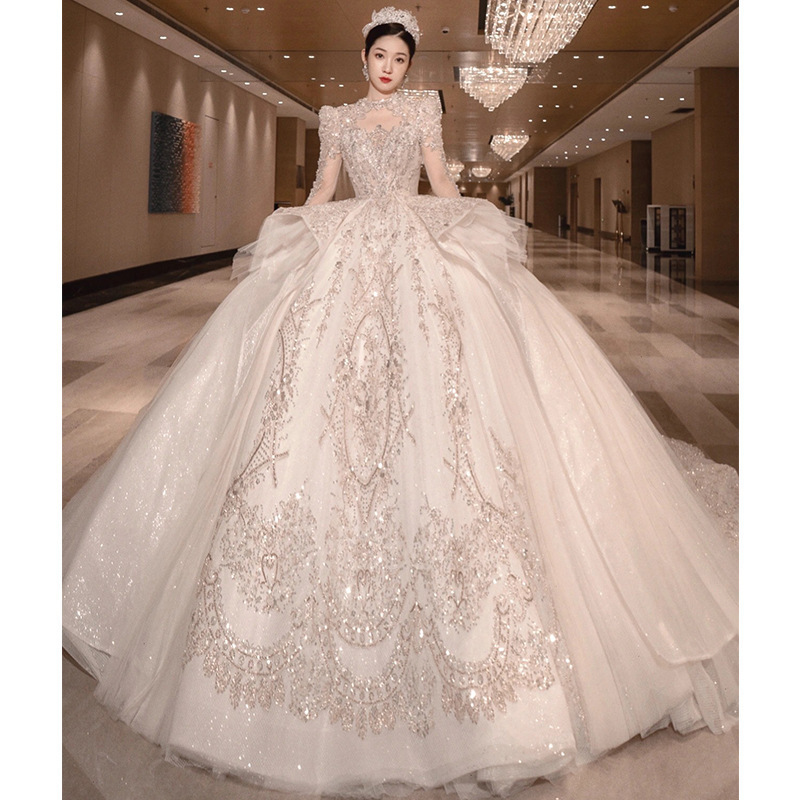 2022 Vintage Luxury Real Video Ivory Lace Appliques Sequined Beaded New Bridal Dresses High Neck Long Sleeve Plus size Ball Gown