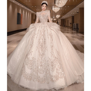 2022 Vintage Luxury Real Video Ivory Lace Appliques Sequined Beaded New Bridal Dresses High Neck Long Sleeve Plus size Ball Gown