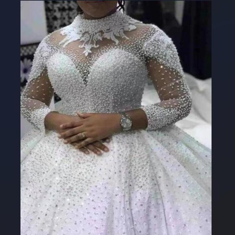 2022 Luxury Heavy Pearls Beaded Wedding Dresses Long Sleeves high neck Bling bling Ball Gown Plus Size African Wedding Dress