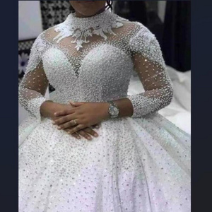 2022 Luxury Heavy Pearls Beaded Wedding Dresses Long Sleeves high neck Bling bling Ball Gown Plus Size African Wedding Dress