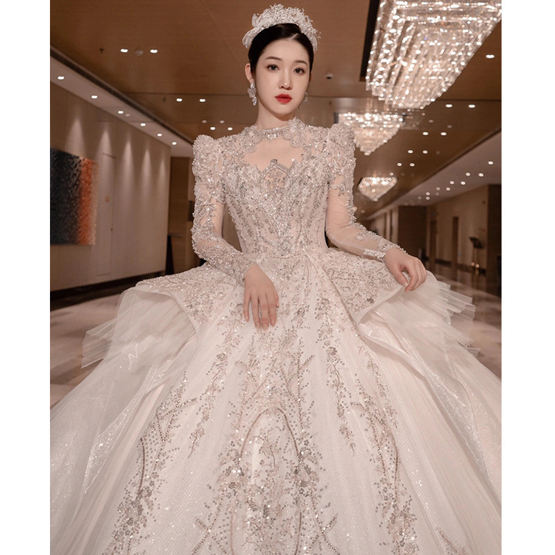 2022 Vintage Luxury Real Video Ivory Lace Appliques Sequined Beaded New Bridal Dresses High Neck Long Sleeve Plus size Ball Gown