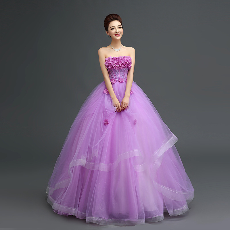 Spring New Arrival Flower Lace-Up Princess Prom Dress Puffy Purple Ball gown Wedding Dresses