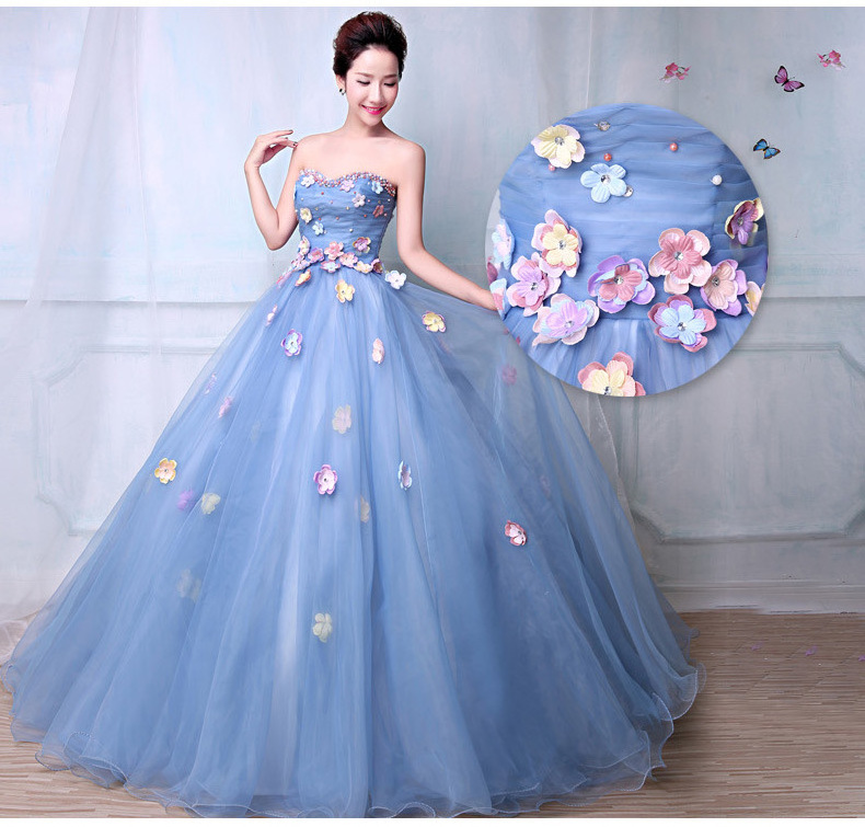 Beaded Flower Colored wedding dress 2018 New Korean Style Light blue Princess Wedding Gowns