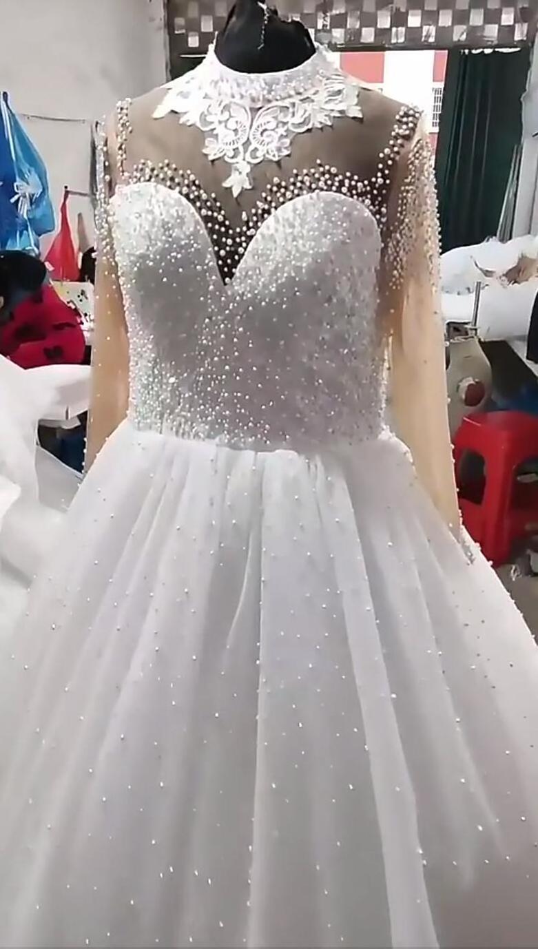 2022 Luxury Heavy Pearls Beaded Wedding Dresses Long Sleeves high neck Bling bling Ball Gown Plus Size African Wedding Dress