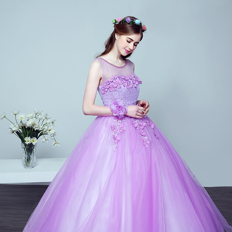 Lace Flower Beaded Fashion Purple Tulle Organza Colored Wedding Dresses