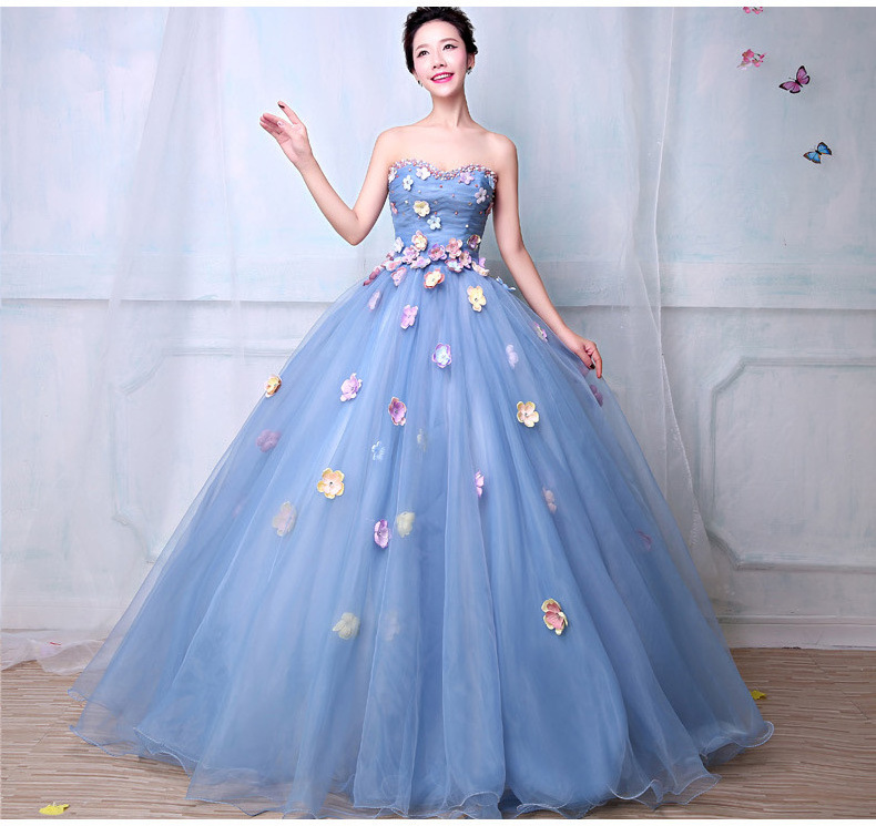 Beaded Flower Colored wedding dress 2018 New Korean Style Light blue Princess Wedding Gowns