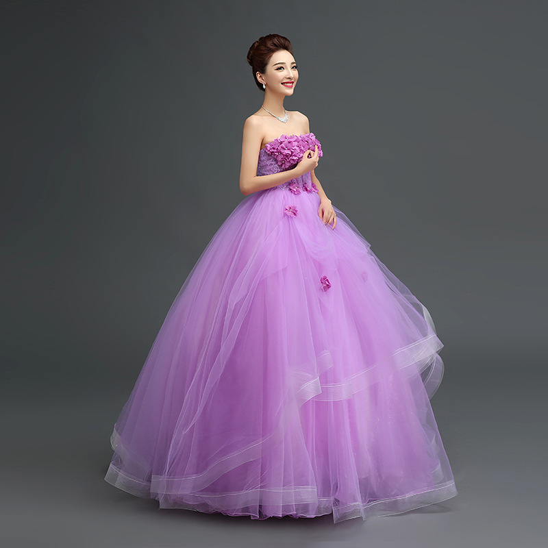 Spring New Arrival Flower Lace-Up Princess Prom Dress Puffy Purple Ball gown Wedding Dresses