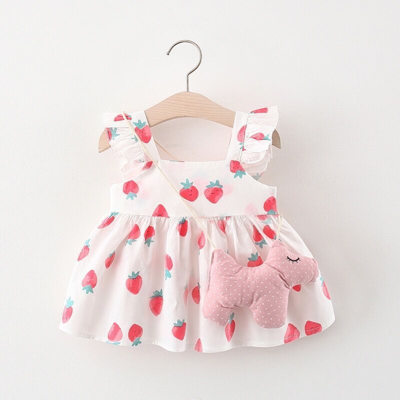 summer Girls Dresses Toddler Baby Kids Girls sweet sleeveless floral cotton dress with straw bag children cloth Clothes