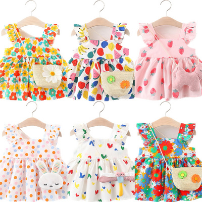 summer Girls Dresses Toddler Baby Kids Girls sweet sleeveless floral cotton dress with straw bag children cloth Clothes