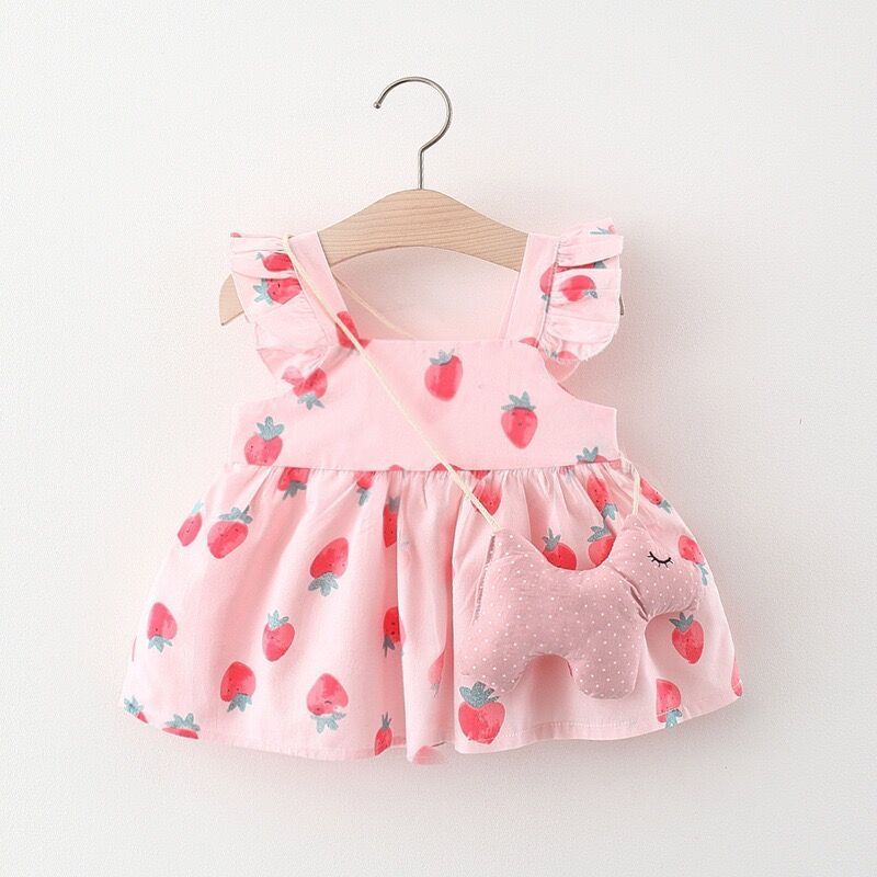 summer Girls Dresses Toddler Baby Kids Girls sweet sleeveless floral cotton dress with straw bag children cloth Clothes