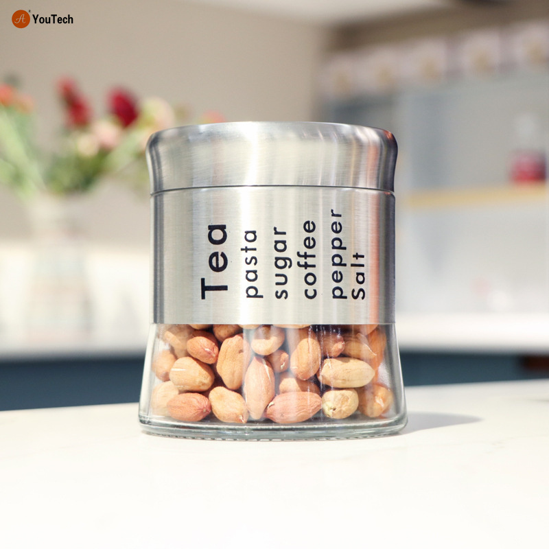 Glass storage jar for household use Stainless steel storage jar for kitchen dry food storage