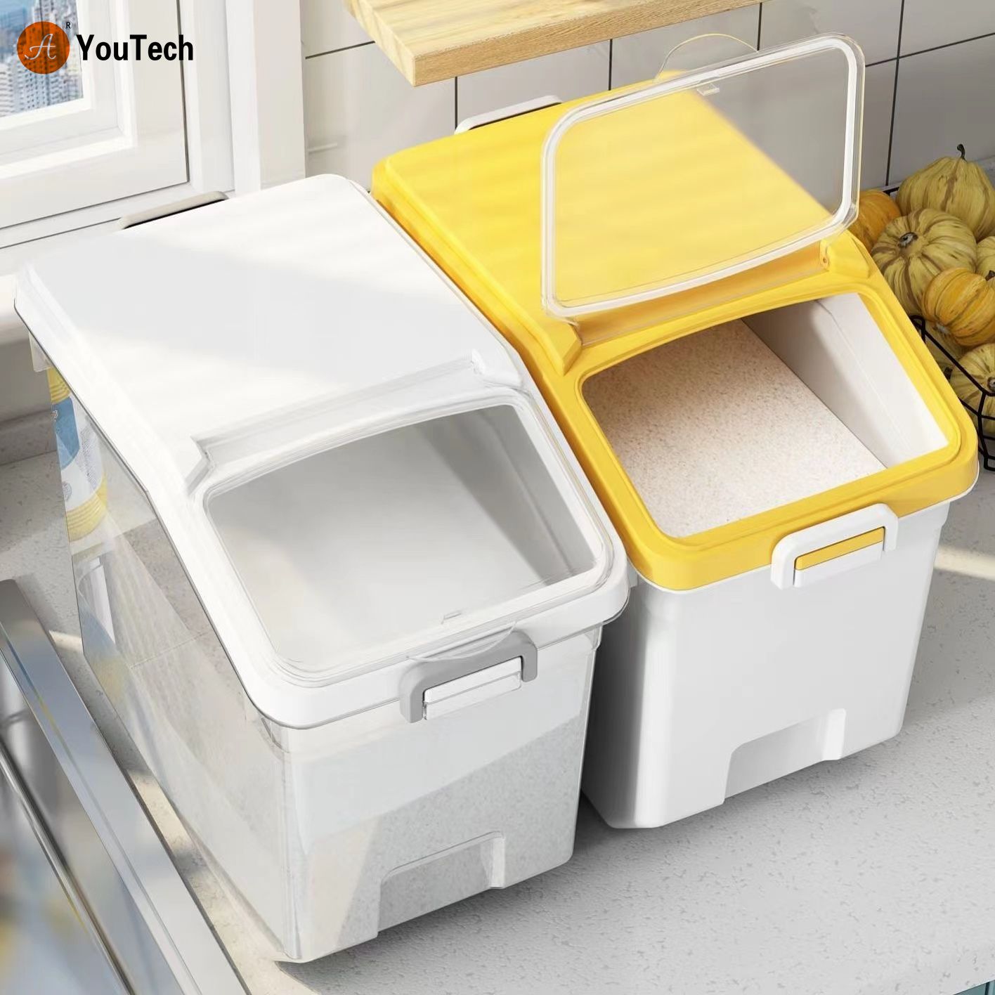 10KG Rice Storage Box Large Capacity Food Containers Rice Dispenser Flour Cereal Bucket Pet Food Tank Kitchen Storage Organizer