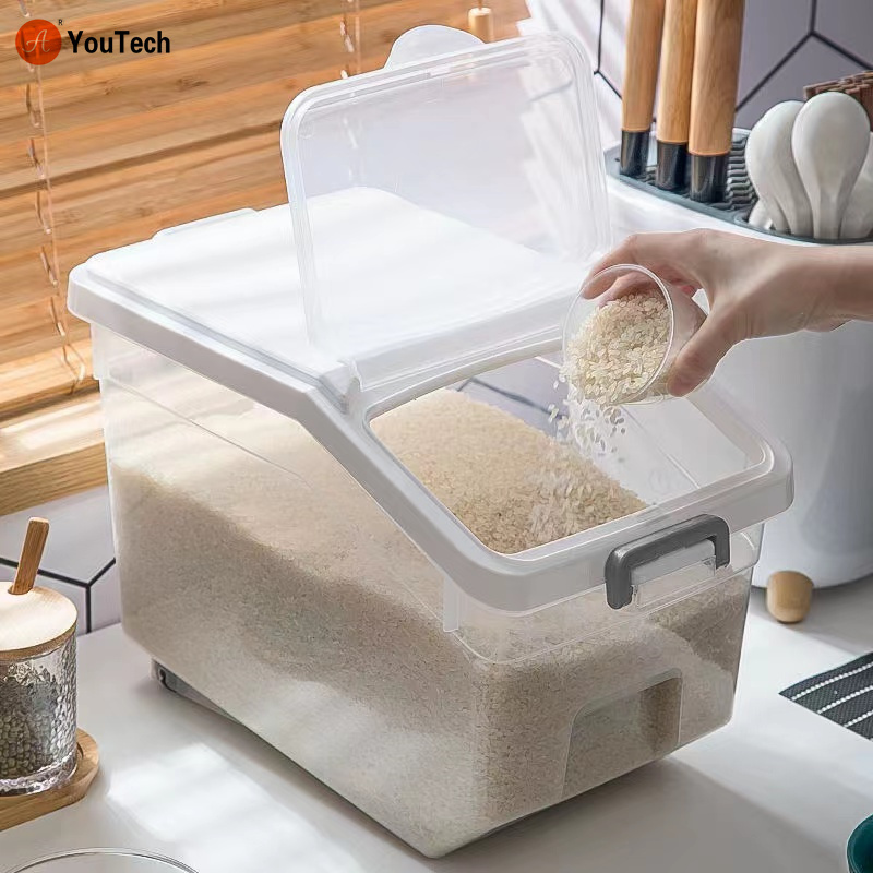 10KG Rice Storage Box Large Capacity Food Containers Rice Dispenser Flour Cereal Bucket Pet Food Tank Kitchen Storage Organizer