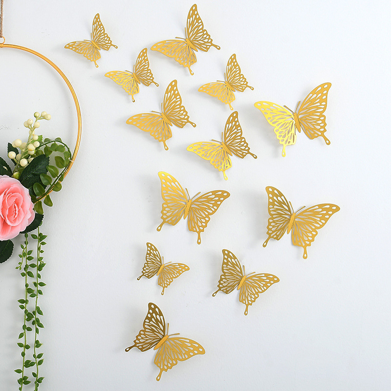 AYOYO 3D 12pcs Gold Mother's day Easter decor Hollow-Out Removable Butterfly Stickers Gold butterfly Wall stickers