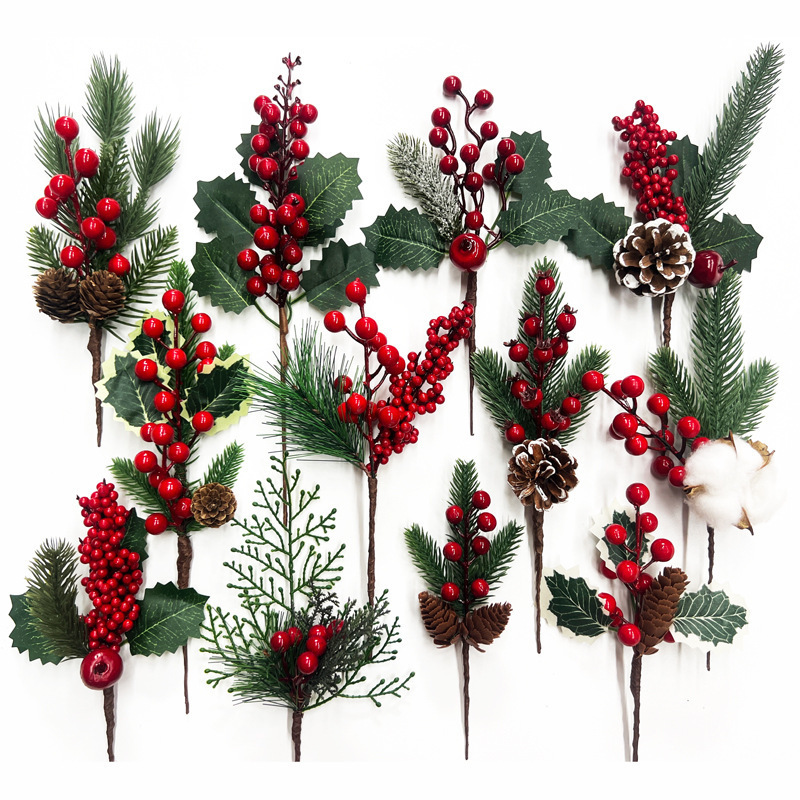 AYOYO Wholesale Xmas Decoration Christmas Tree Filler Picks Artificial Pine Needle And Red Berries Christmas Tree Branches