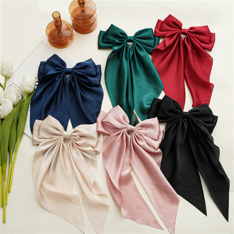 Wholesale Korean Solid Color Big Butterfly Long Ribbon Bow Hairgrip Accessories Silk Satin Fabric Spring Hair Clips For Women