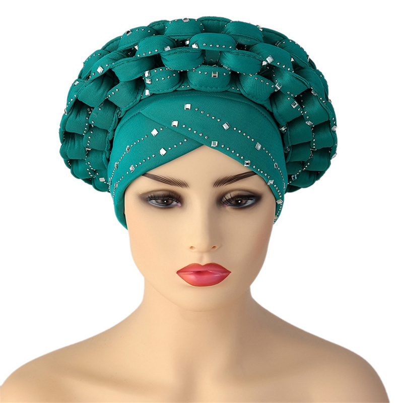 Fashion Adjustable African Braided Headwrap Bandana Indian Muslim Rhinestone Hijab Turban Hat