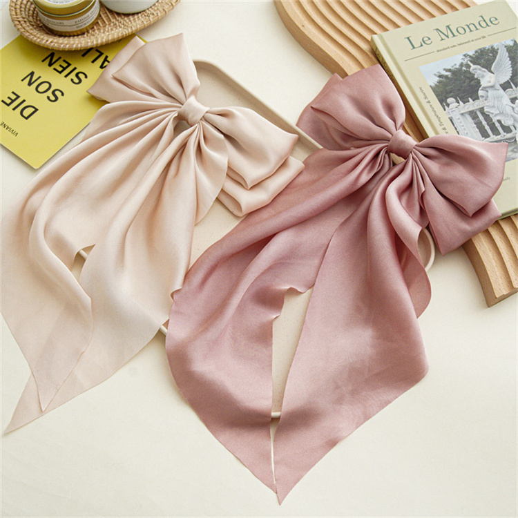 Wholesale Korean Solid Color Big Butterfly Long Ribbon Bow Hairgrip Accessories Silk Satin Fabric Spring Hair Clips For Women