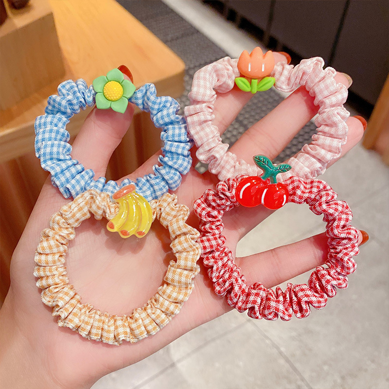 Korean Cute Cartoon Plaid Scrunchies Hair Bands For Girl Fashion Animal Elastic Ponytail Holder Rubber Band Kids Hair Ties