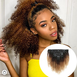 Remy Afro Kinky Curly Hair Invisible Seamless Natural Color 7 Pieces/Sets Clip In Human Hair Extensions  For Black Women