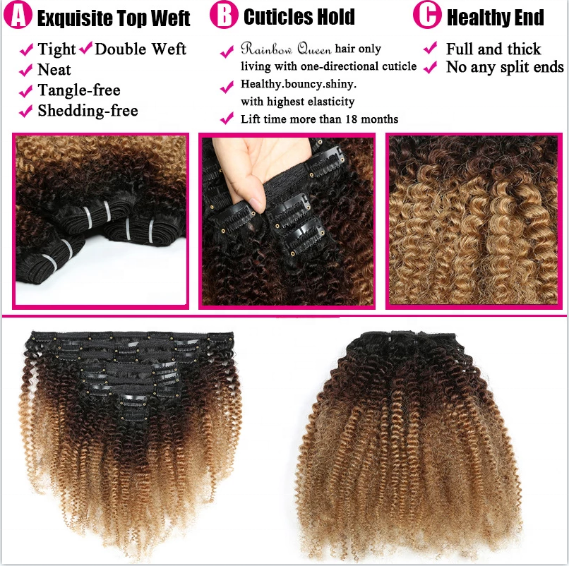 Remy Afro Kinky Curly Hair Invisible Seamless Natural Color 7 Pieces/Sets Clip In Human Hair Extensions  For Black Women