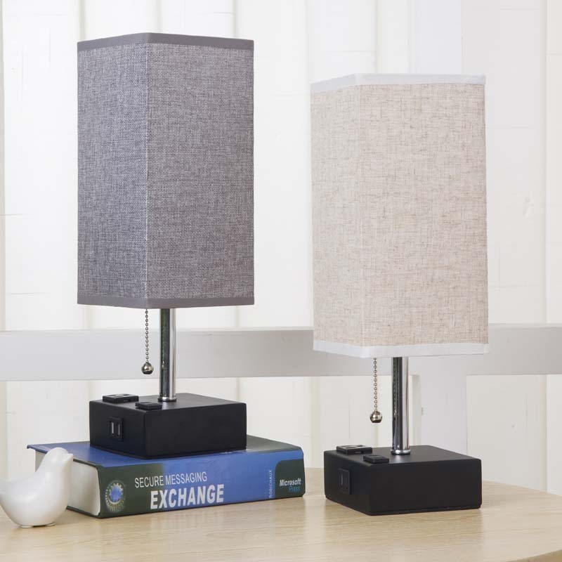 Factory Price Night Light Table Lamp Simple Square Linen Double USB Charging Desk Lamp American Standard 2-hole 3-hole AC Socket