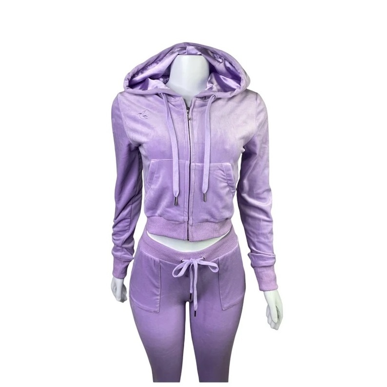 OEM high quality fashion gym fitted velvet tracksuits for women/Casual velvet tracksuits set/fashion purple tracksuits