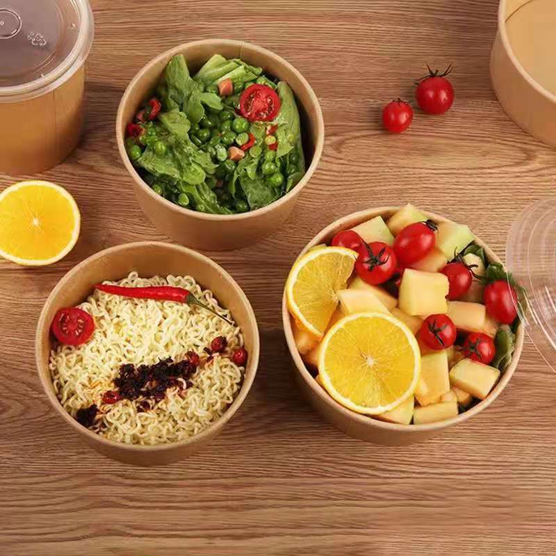 Biodegradable salad bowl coated with pla lid eco friendly 46 oz disposable kraft paper bowl