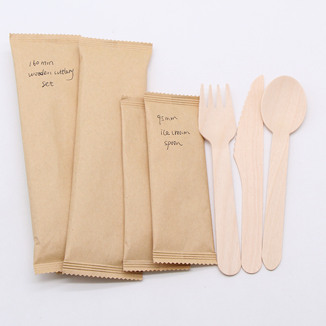 ECO Disposable Wooden Cutlery Set with Independent Packaging for Safety and Hygiene Spoon Knife Fork Customized Support for Food