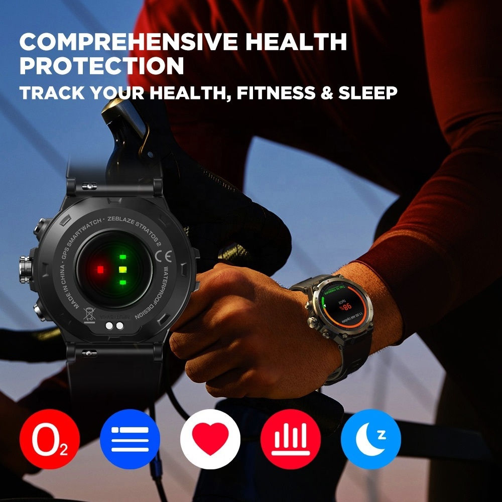 New 2022 Zeblaze Stratos 2 GPS AMOLED Display 24h Health Monitor 5 ATM Long Battery Life GPS Smart Watch