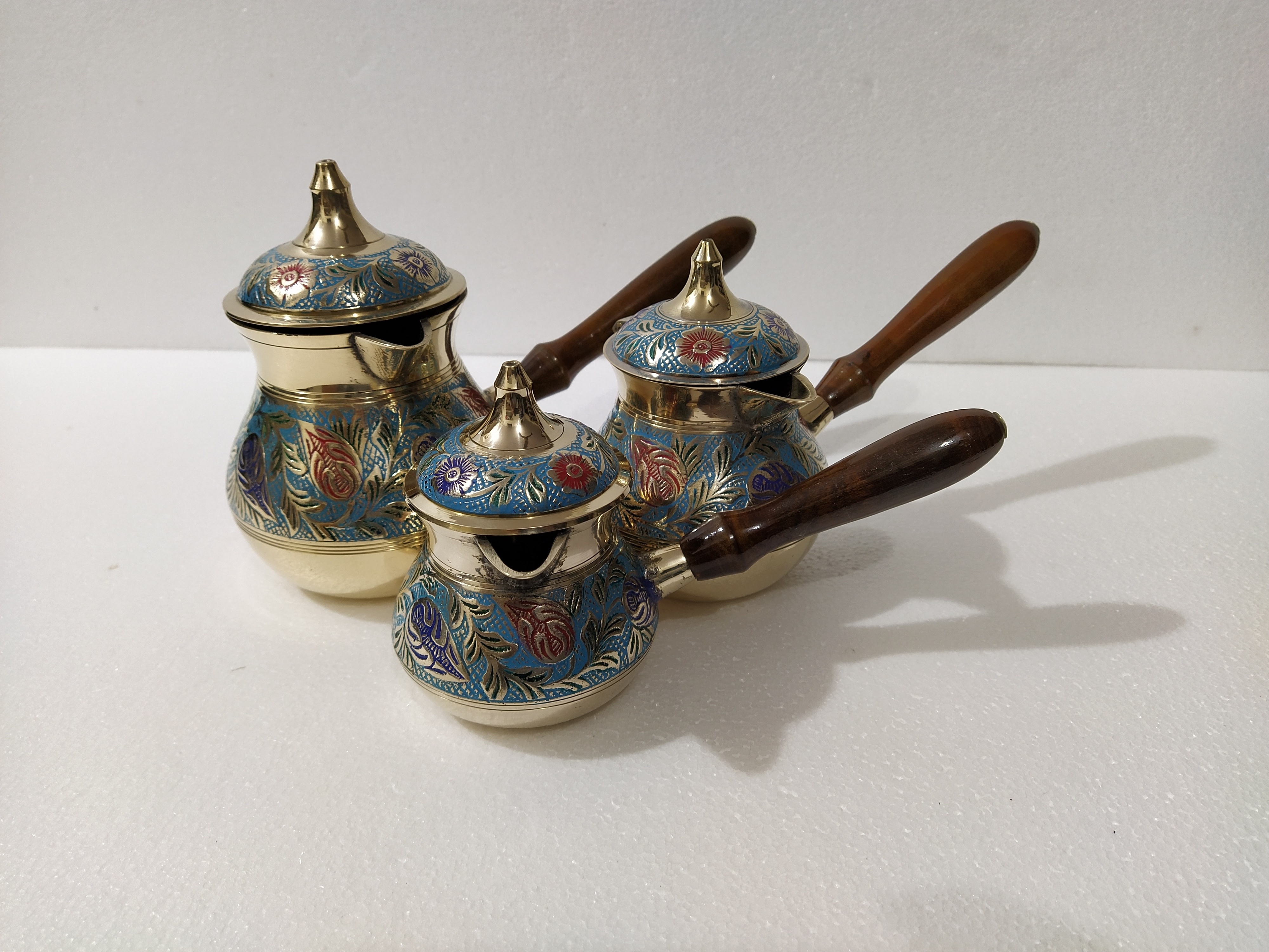 Brass Turkish Coffee Pot with Lid Enameled Embossed Handicraft Design