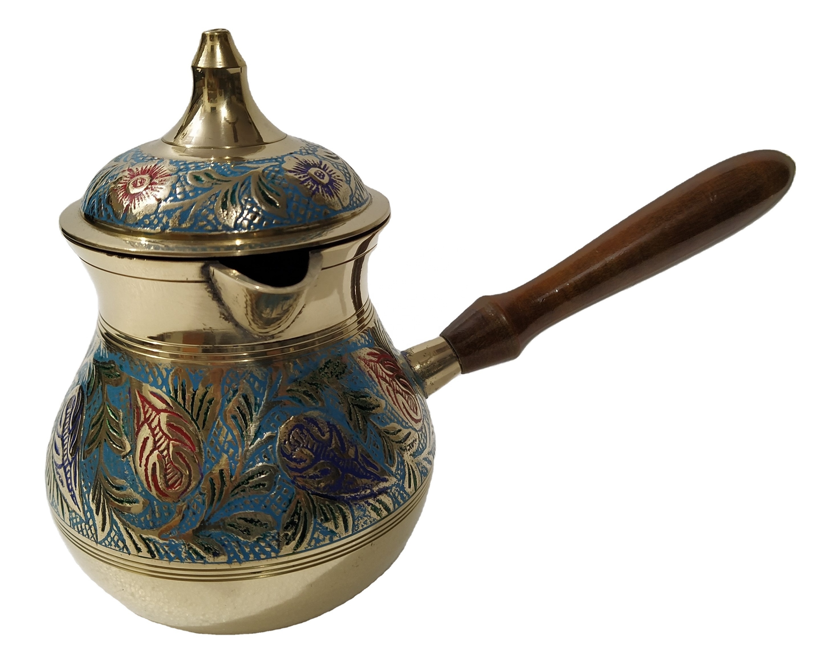 Brass Turkish Coffee Pot with Lid Enameled Embossed Handicraft Design