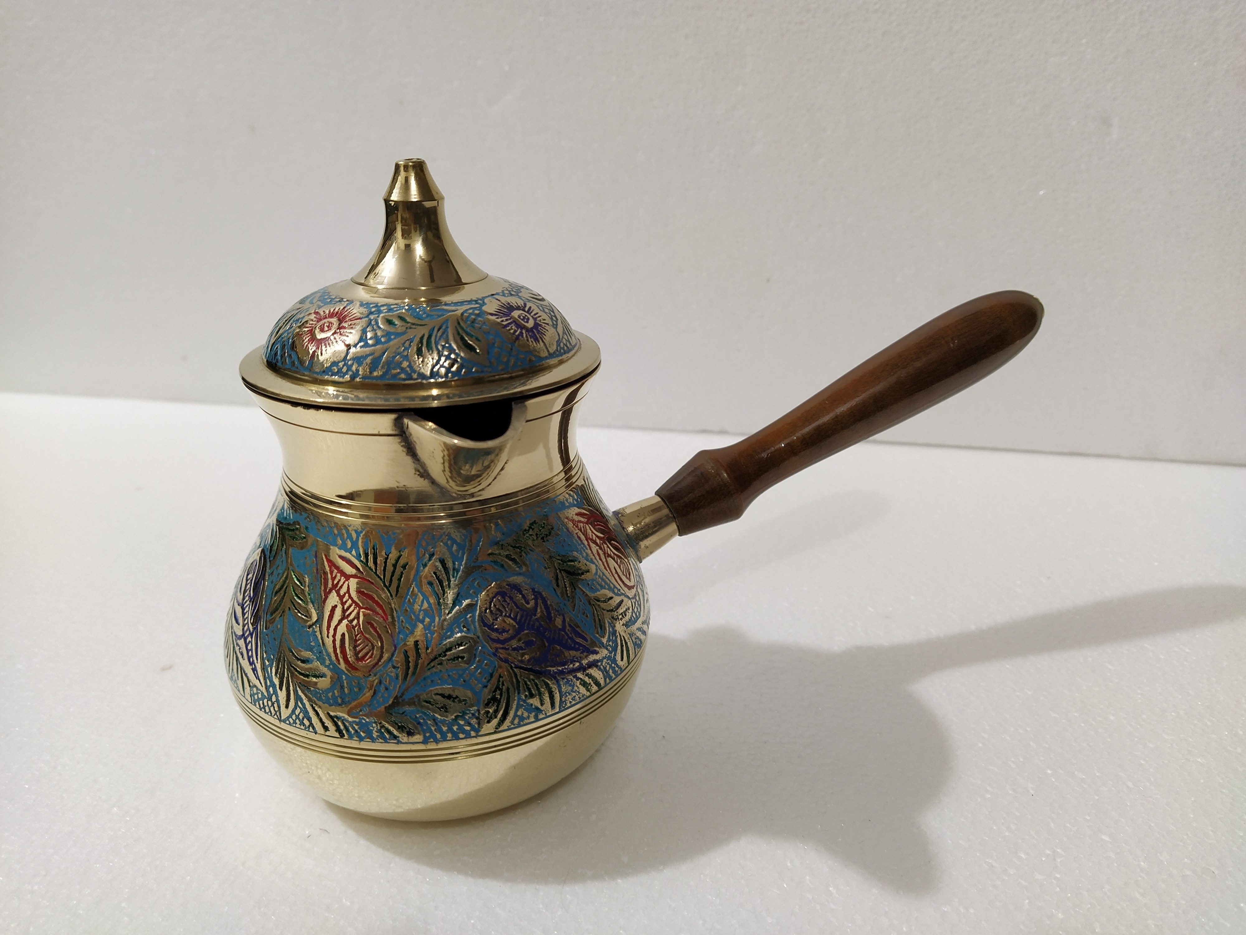 Brass Turkish Coffee Pot with Lid Enameled Embossed Handicraft Design