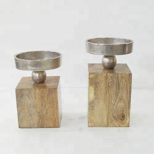 Metal & wood candle holder set of 2