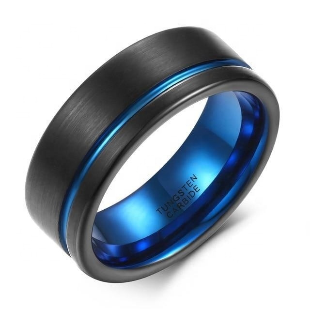 Black Blue Silver 8mm Tungsten Carbide Men Ring Wedding Band Offset Line Pipe Cut Brushed Finish Comfort Fit