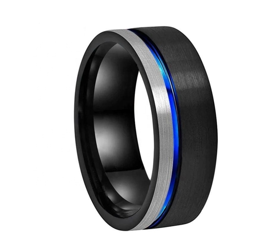 Black Blue Silver 8mm Tungsten Carbide Men Ring Wedding Band Offset Line Pipe Cut Brushed Finish Comfort Fit