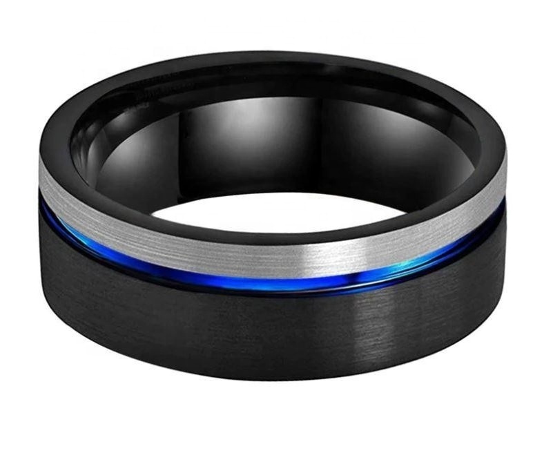 Black Blue Silver 8mm Tungsten Carbide Men Ring Wedding Band Offset Line Pipe Cut Brushed Finish Comfort Fit