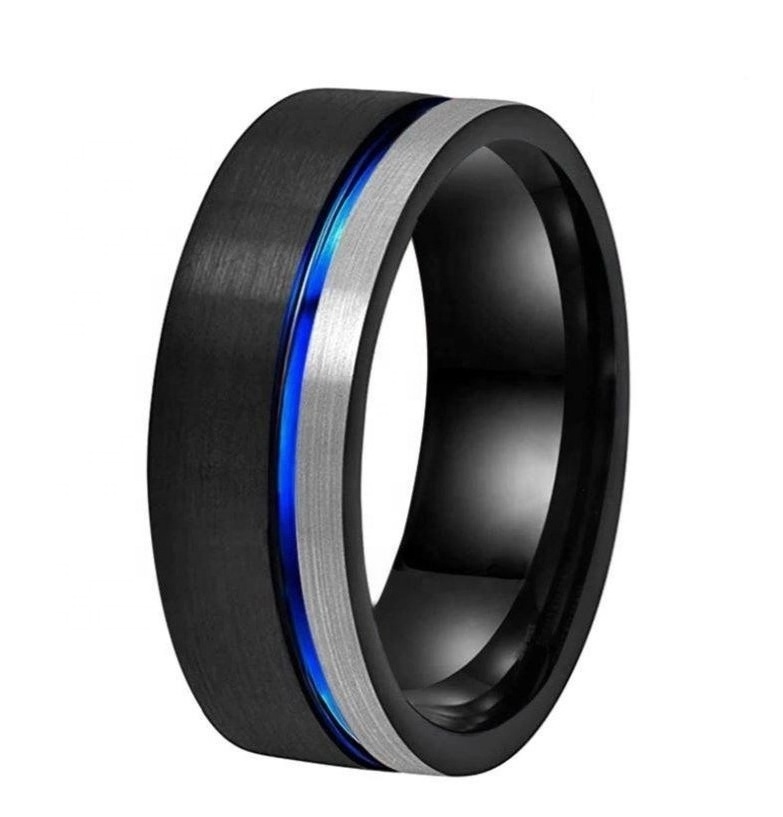 Black Blue Silver 8mm Tungsten Carbide Men Ring Wedding Band Offset Line Pipe Cut Brushed Finish Comfort Fit