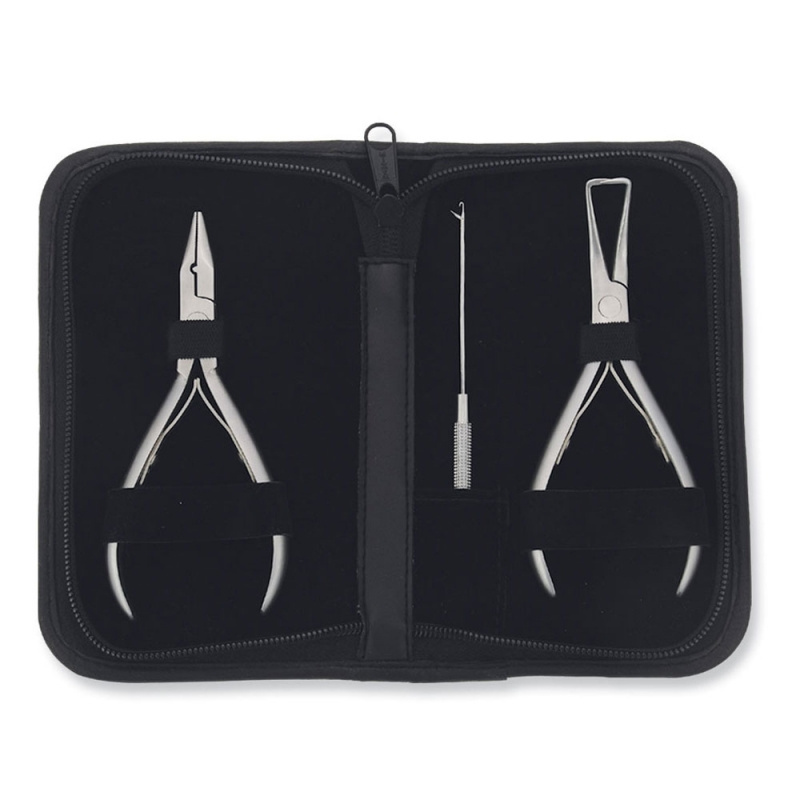 Curved handle Hair Extension Set of Pliers Stainless steel Material With Hair Needle hook and PU Leather case