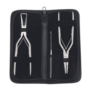 Curved handle Hair Extension Set of Pliers Stainless steel Material With Hair Needle hook and PU Leather case