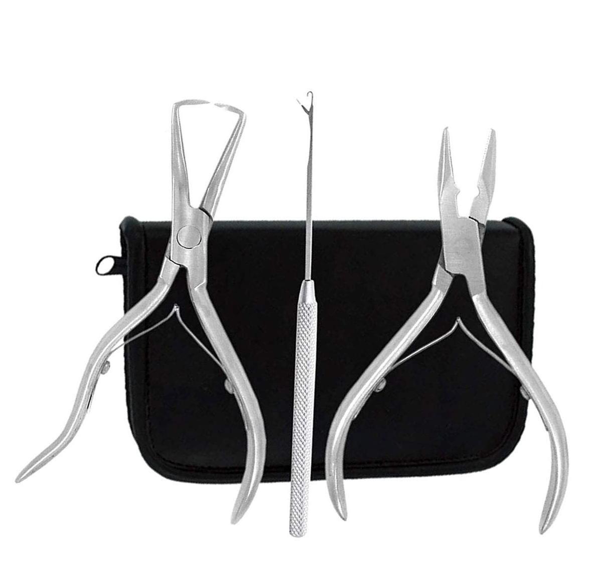 Curved handle Hair Extension Set of Pliers Stainless steel Material With Hair Needle hook and PU Leather case