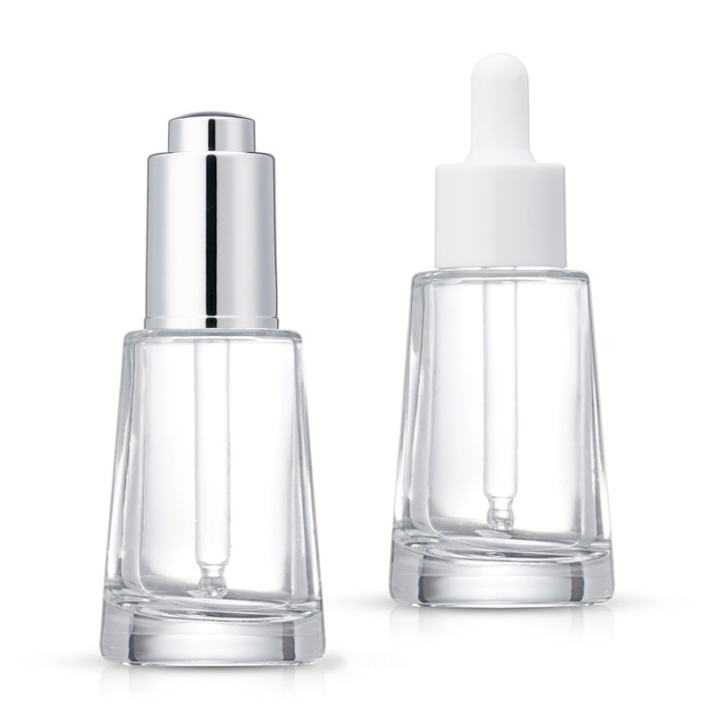 New design Switch push button flat shoulder Pyramid shape 30ml essential oil bottle cosmetic glass dropper bottle for serum