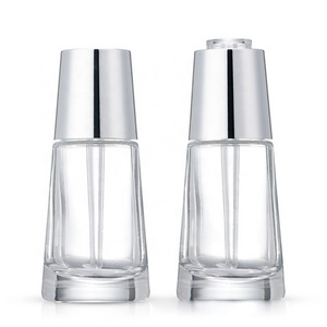 New design Switch push button flat shoulder Pyramid shape 30ml essential oil bottle cosmetic glass dropper bottle for serum