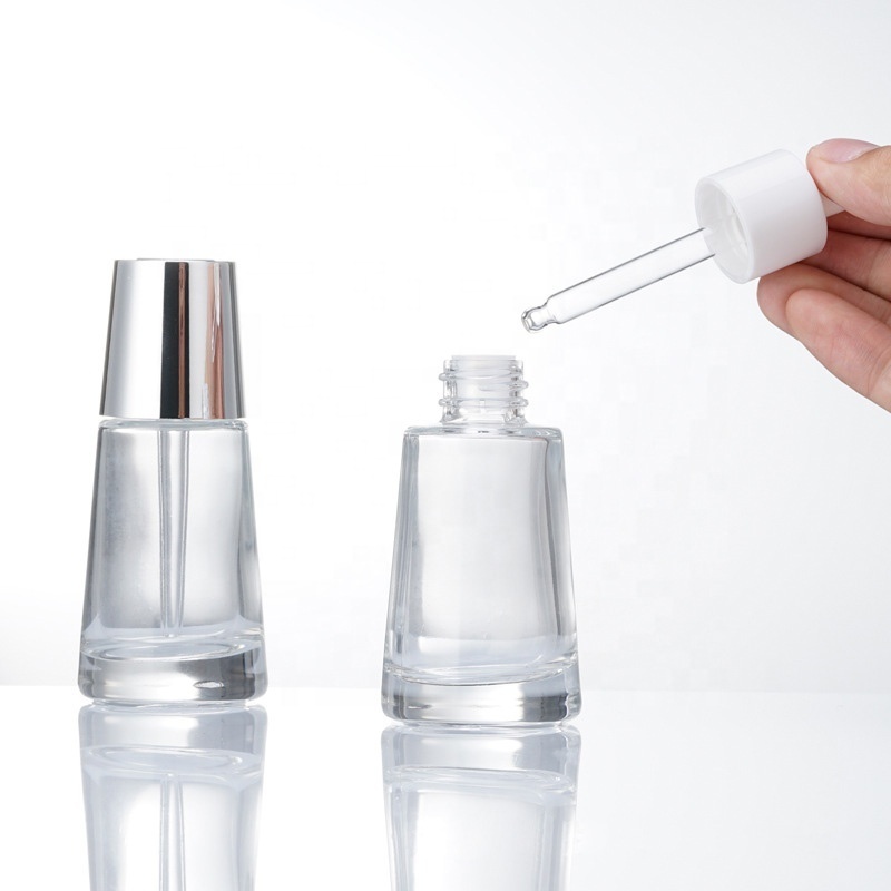 New design Switch push button flat shoulder Pyramid shape 30ml essential oil bottle cosmetic glass dropper bottle for serum