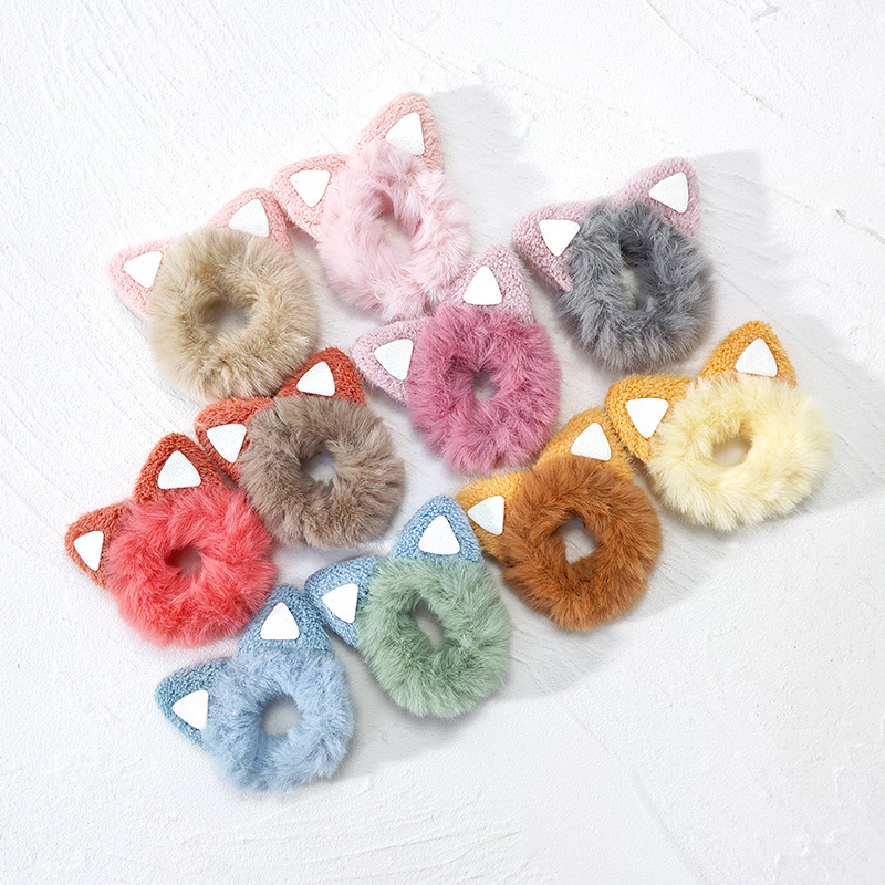 Wholesale cute design hair scrunchies with cat ear multi color winter animal furry hair scrunchies for kids