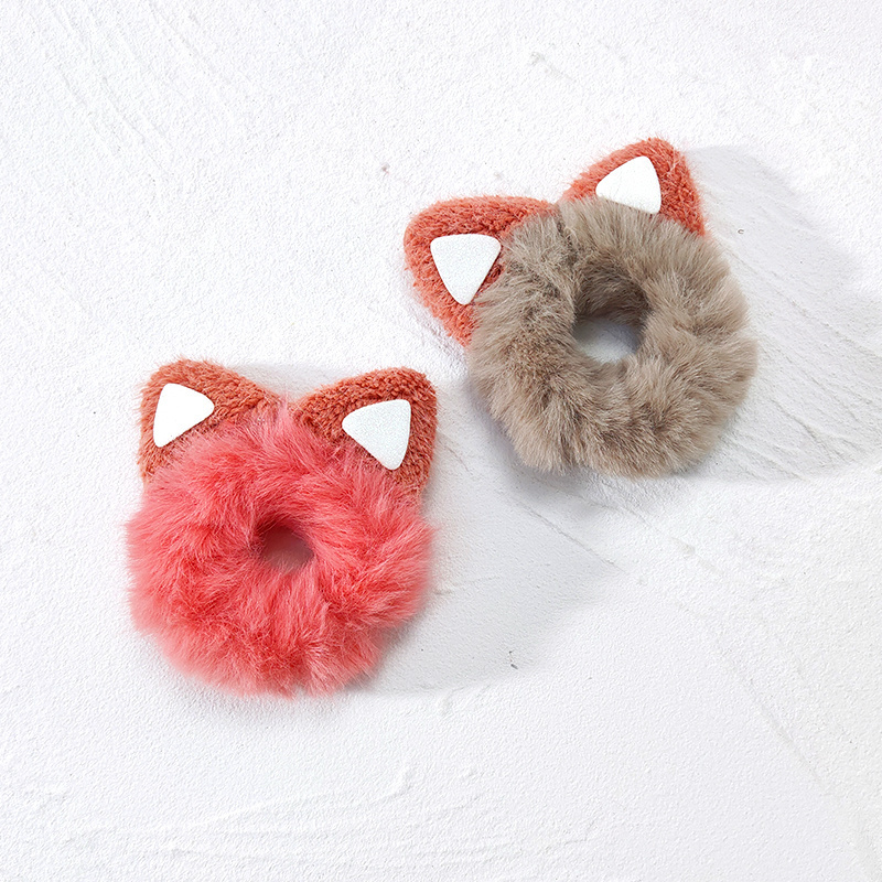 Wholesale cute design hair scrunchies with cat ear multi color winter animal furry hair scrunchies for kids