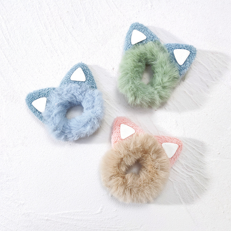 Wholesale cute design hair scrunchies with cat ear multi color winter animal furry hair scrunchies for kids