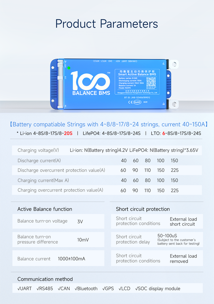 150A 8~17S BMS for Electric tractor sightseeing car battery protection board integrated with 1000mA active balance current BT