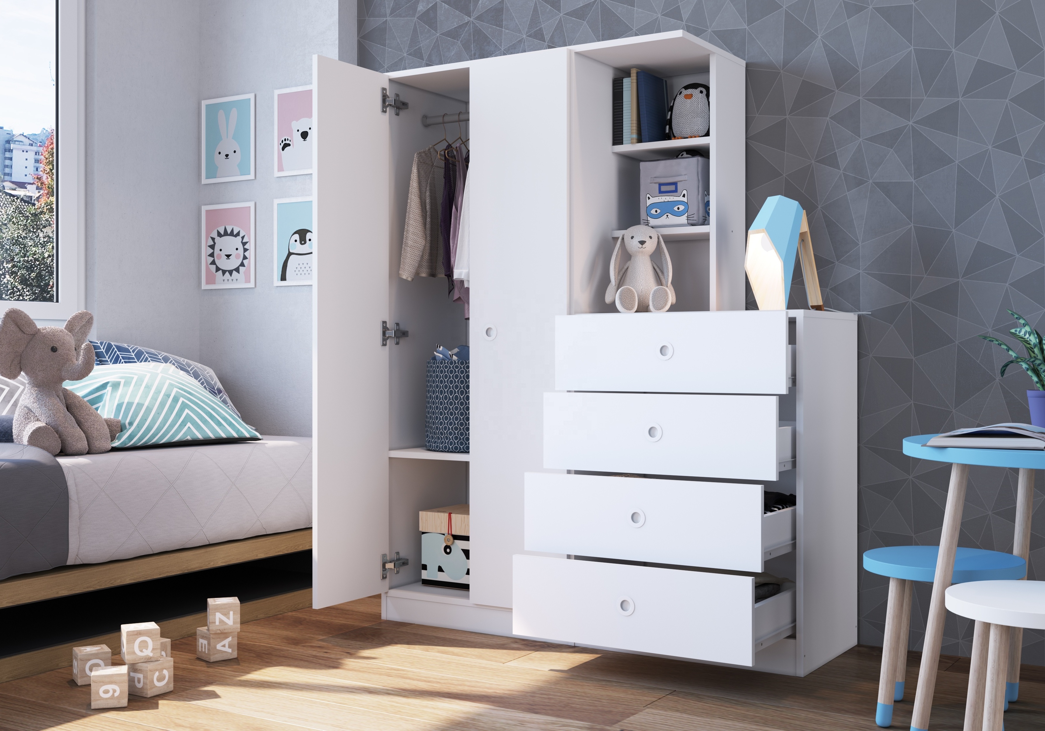 Modern Style Kids Bedroom Wardrobe 2 doors 4 drawers MONTESSORIANO Child Furniture Wood Cabinet Particleboard White Brazilian